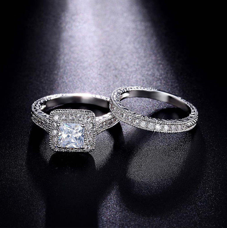 Sier-plated Diamond Luxury Couple Square Rings