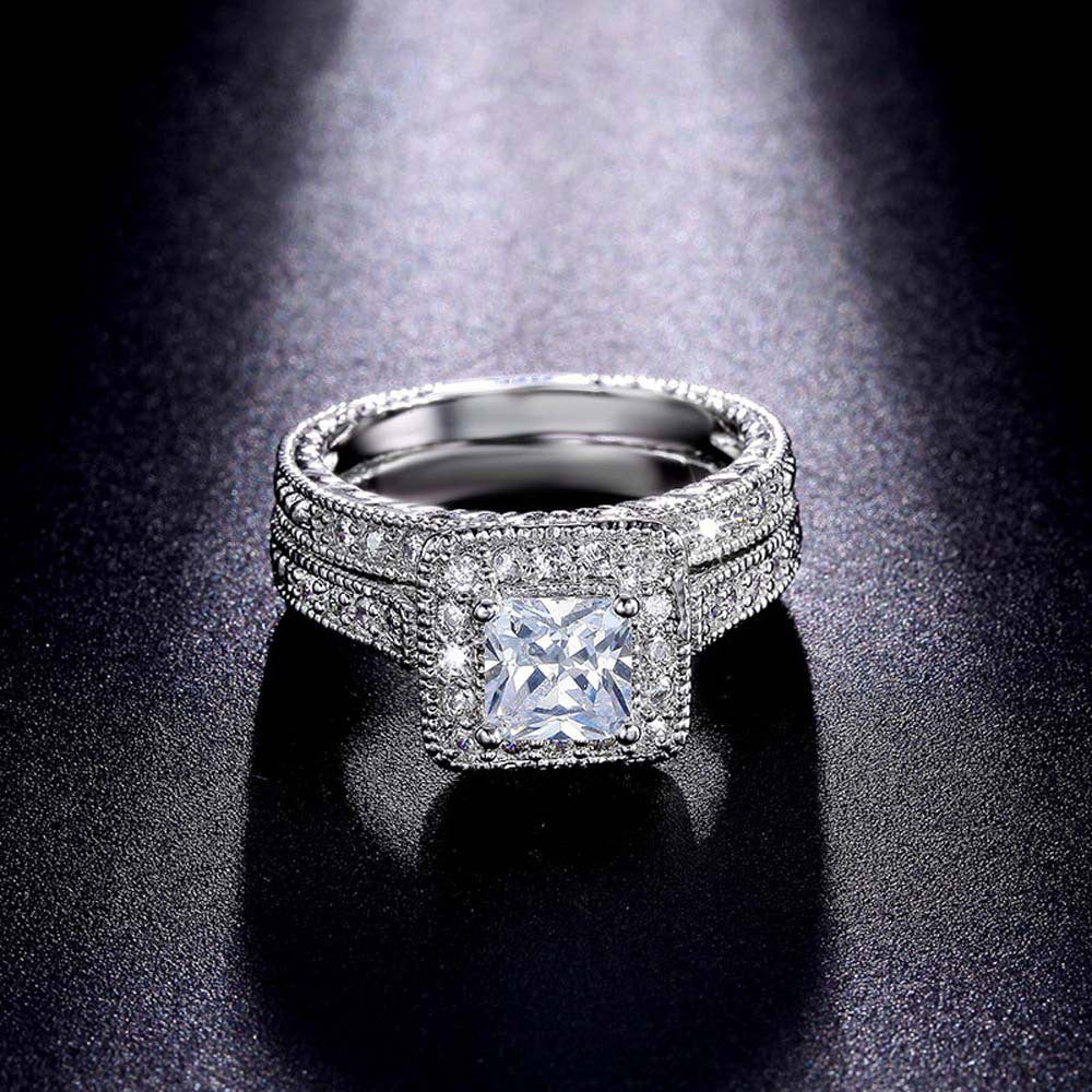 Sier-plated Diamond Luxury Couple Square Rings