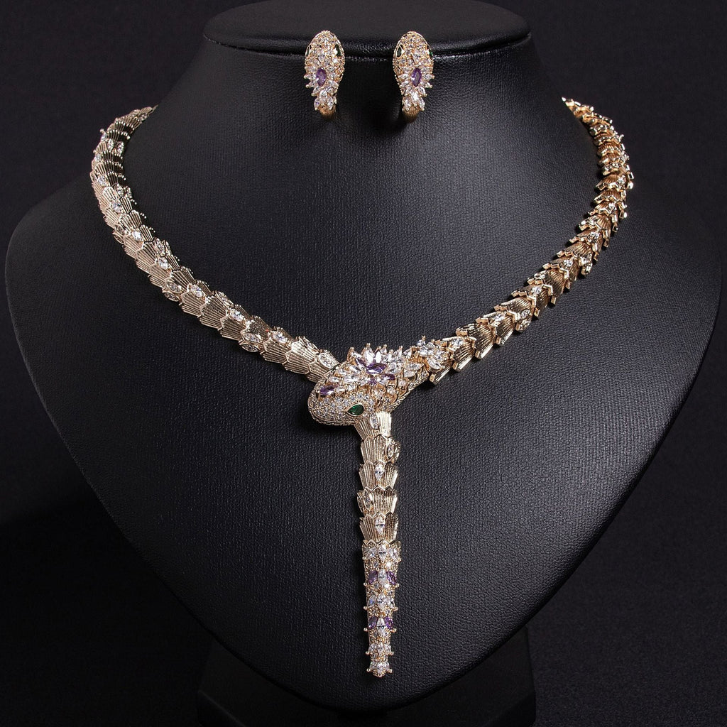 S925 Silver and Zircon Snake-Design Necklace and Earrings Jewelry Set