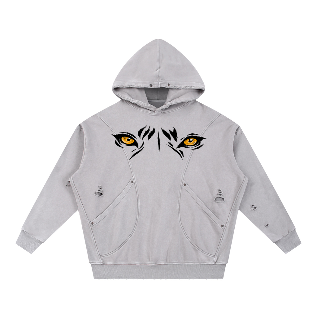 Snow Washed Distressed Panel Pocket Hoodie