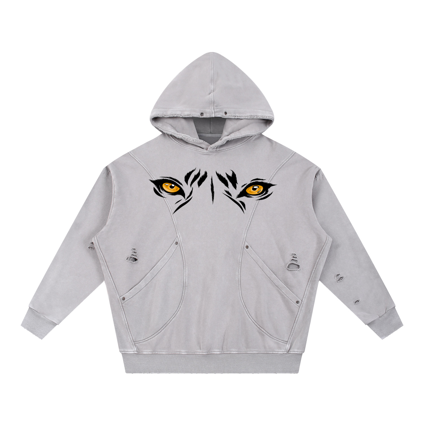 Snow Washed Distressed Panel Pocket Hoodie