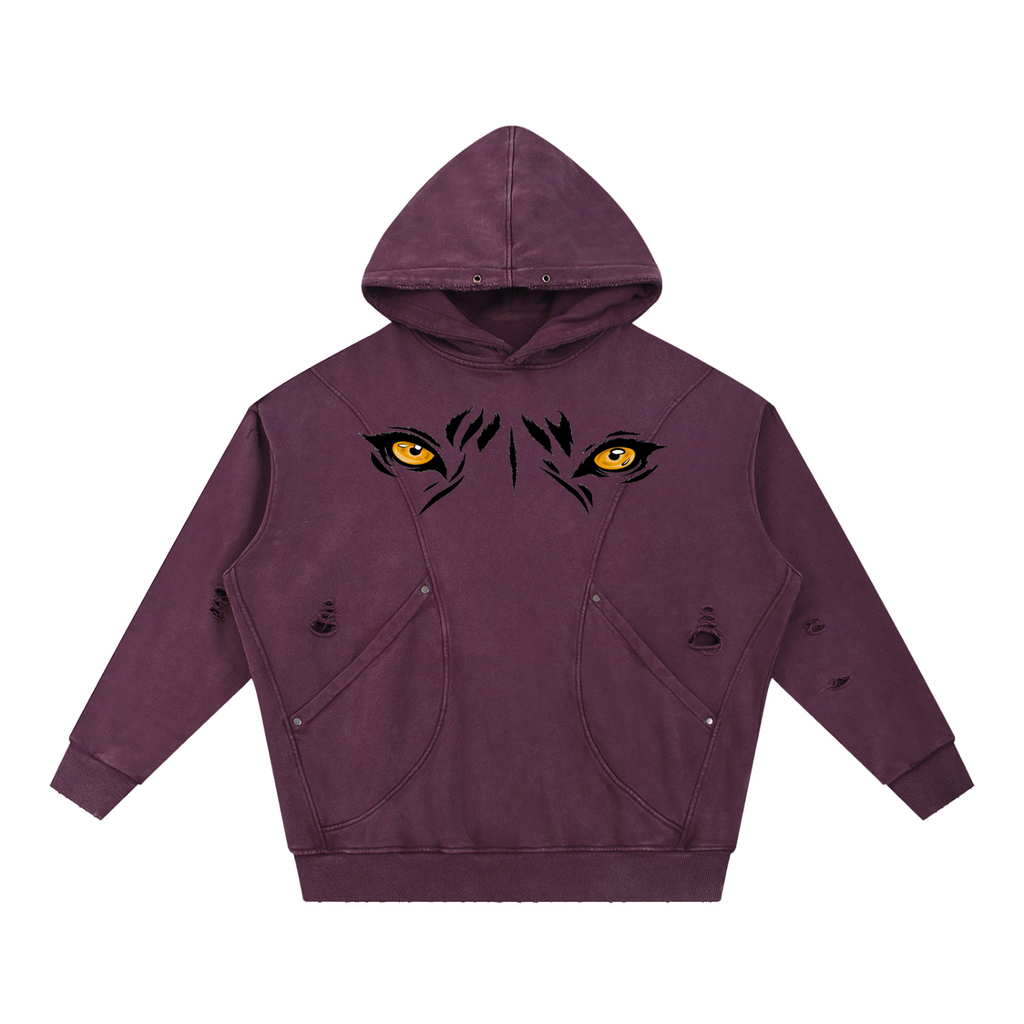 Snow Washed Distressed Panel Pocket Hoodie