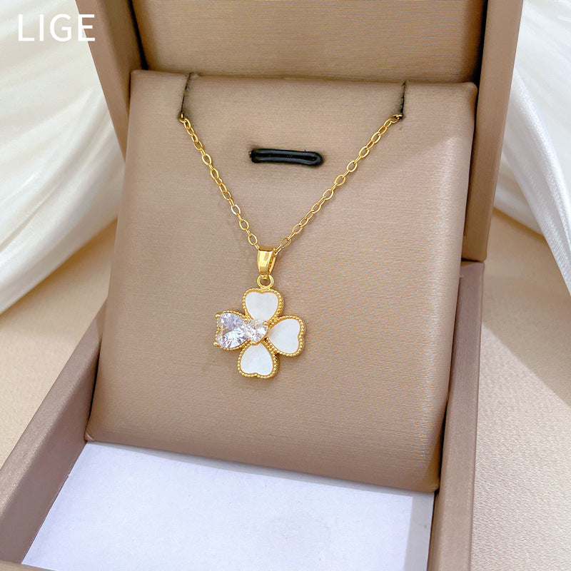 Full Diamond Shell Four-leaf Earrings and Necklace