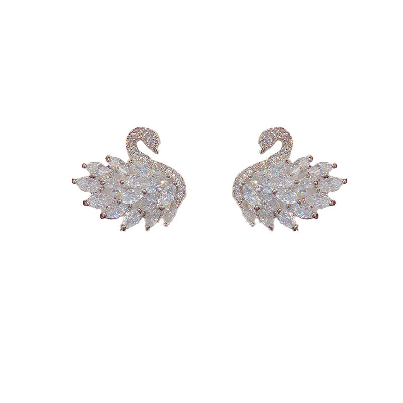 Full Zirconium Swan Sier Needle Earrings