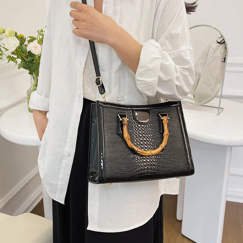 Luxury Alligator Handbag Designer Women Retro Bamboo Handle Tote