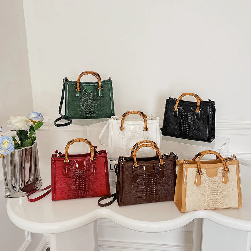 Luxury Alligator Handbag Designer Women Retro Bamboo Handle Tote