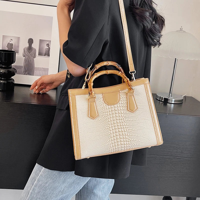 Luxury Alligator Handbag Designer Women Retro Bamboo Handle Tote