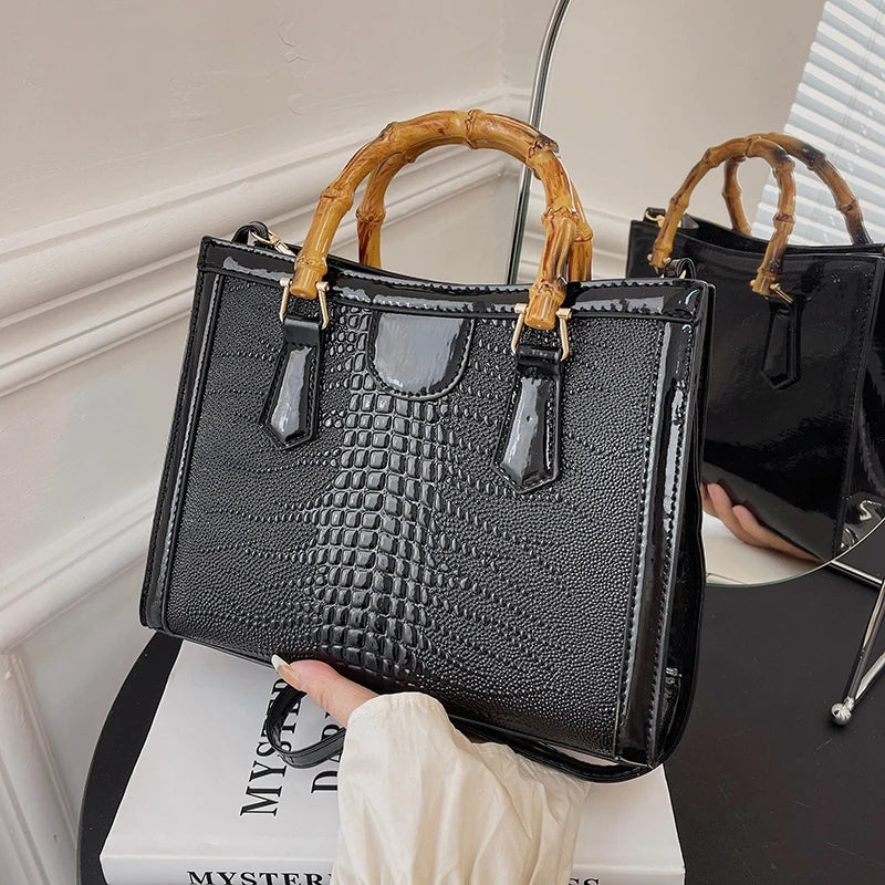 Luxury Alligator Handbag Designer Women Retro Bamboo Handle Tote