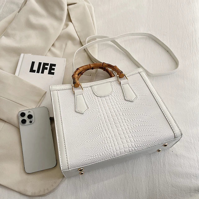 Luxury Alligator Handbag Designer Women Retro Bamboo Handle Tote