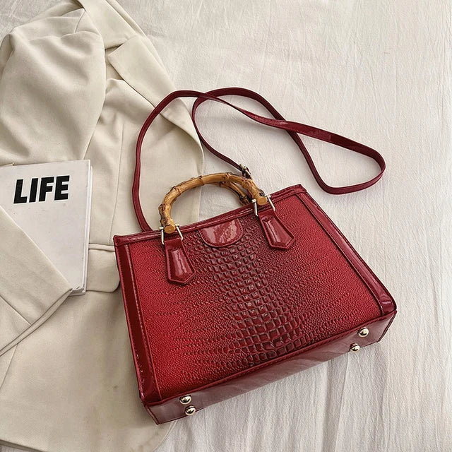 Luxury Alligator Handbag Designer Women Retro Bamboo Handle Tote