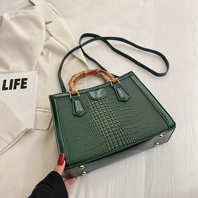 Luxury Alligator Handbag Designer Women Retro Bamboo Handle Tote