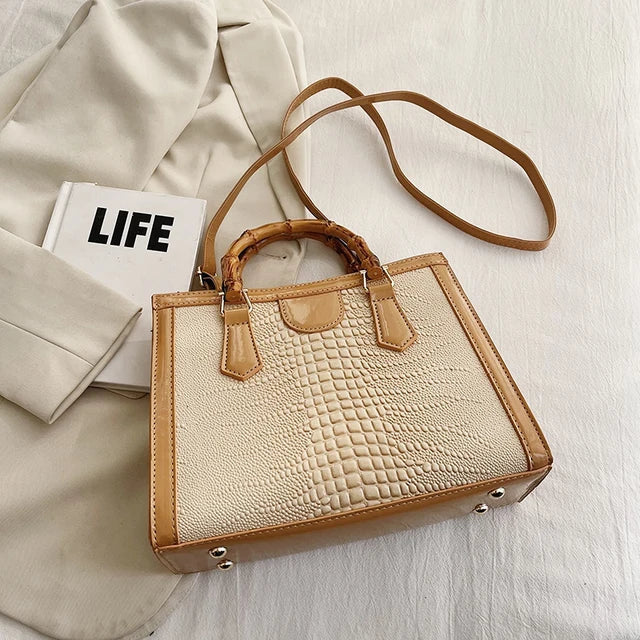 Luxury Alligator Handbag Designer Women Retro Bamboo Handle Tote